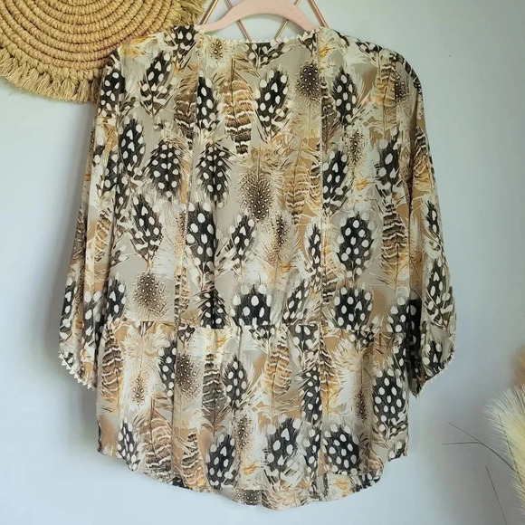 Etcetera, Silk Taupe Feather Print Button Front Peasant Blouse Top, Size 12 - Picture 5 of 8